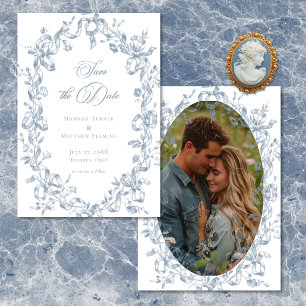 Classic Elegant Blue Floral Ribbon Photo Wedding Save The Date