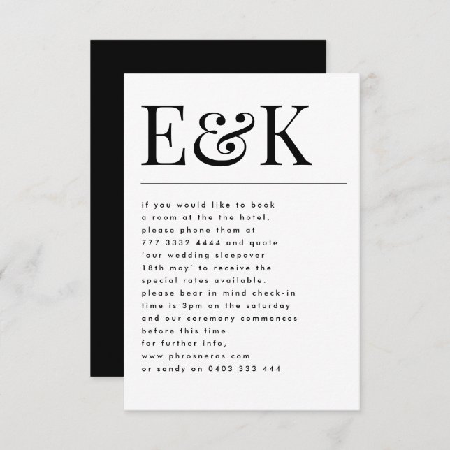 Classic Elegant Bold Big Monogram Wedding Details Enclosure Card (Front/Back)