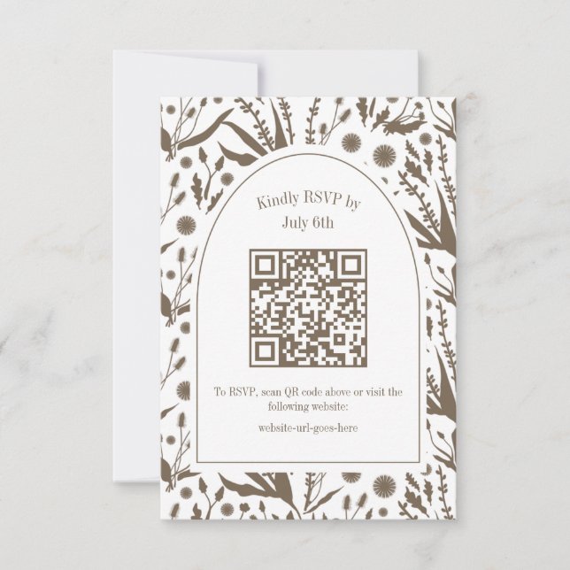 Classic Elegant Botanicals in Dark Taupe QR Code RSVP Card (Front)