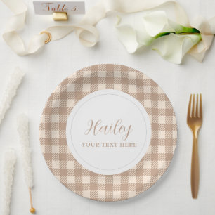 classic elegant brown beige gingham plaid Party Paper Plate