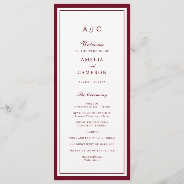 Classic Elegant Burgundy Frame Wedding Program (Front)