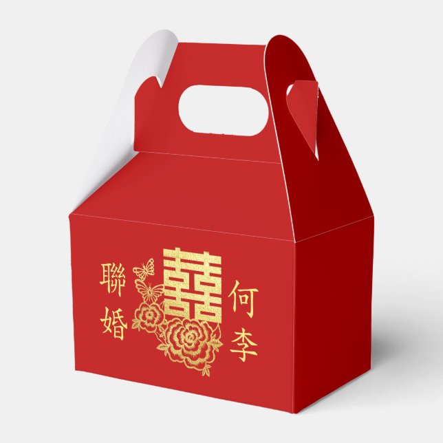 Classic elegant Chinese wedding logo floral red Favor Box (Front Side)