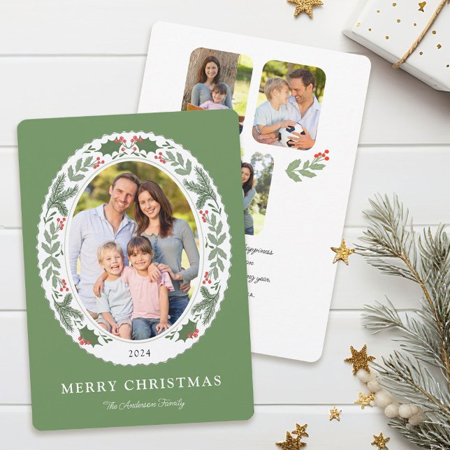 Classic Elegant Christmas Greenery Message 4 Photo Holiday Card (Creator Uploaded)