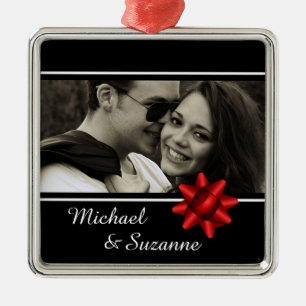 Classic Elegant Custom Photo Red Ribbon Metal Ornament