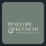Classic Elegant Dark Sage Custom Wedding Names Square Sticker<br><div class="desc">Classic Elegant Typography Custom Wedding Names Square Sticker in Dark Sage Green</div>