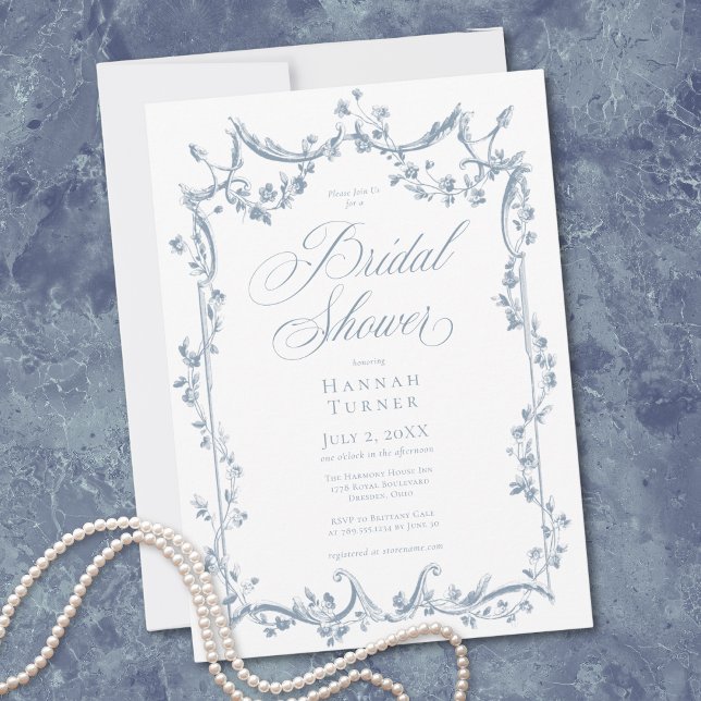 Classic Elegant Dusty Blue Delicate Floral Shower Invitation (Classic Elegant Dusty Blue Delicate Floral Shower Invitation)