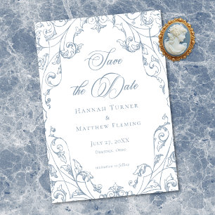 Classic Elegant Dusty Blue Floral Frame Wedding Save The Date