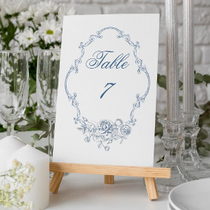 Classic Elegant Dusty Blue Floral Frame Wedding Table Number
