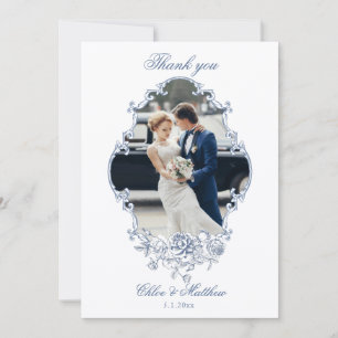 Classic Elegant Dusty Blue Floral Frame Wedding Thank You Card
