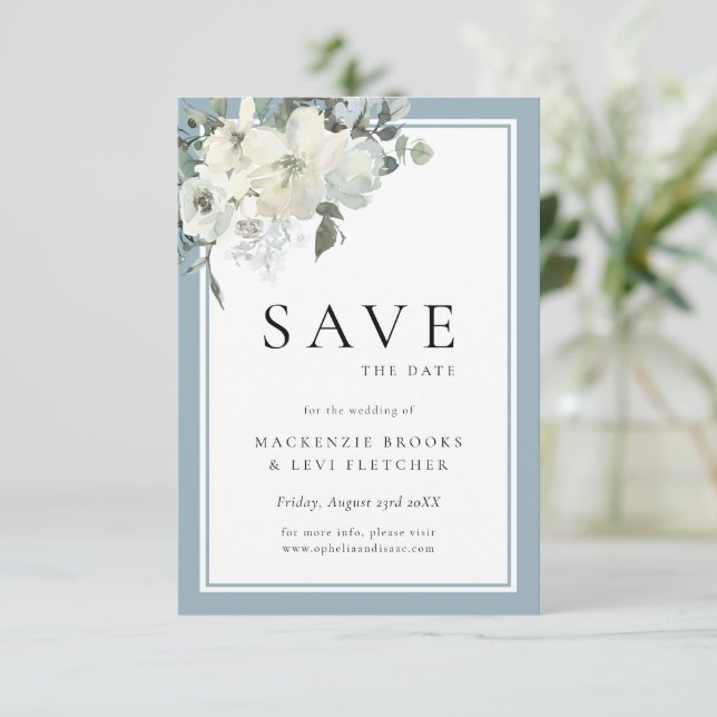 Classic Elegant Dusty Blue Floral  Save The Date (Standing Front)