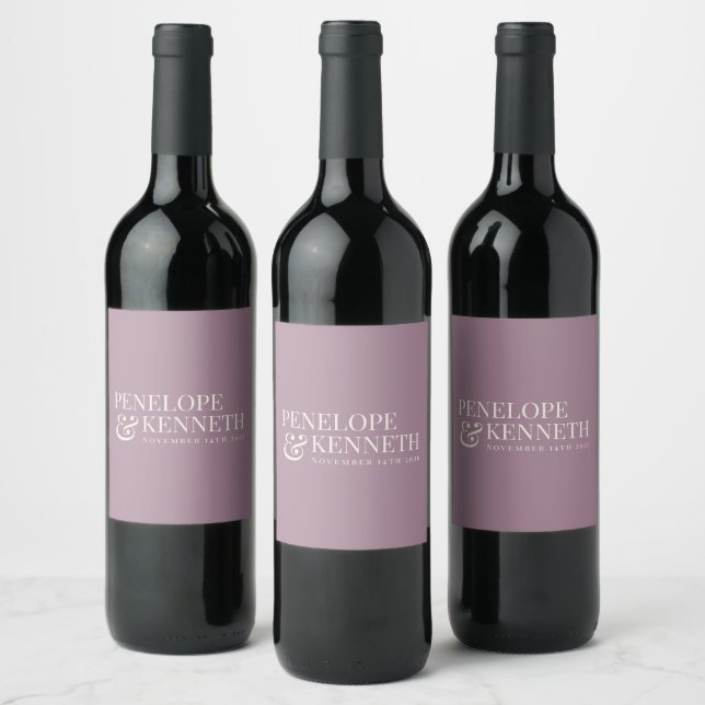Classic Elegant Dusty Purple Custom Wedding Names  Wine Label (Bottles)