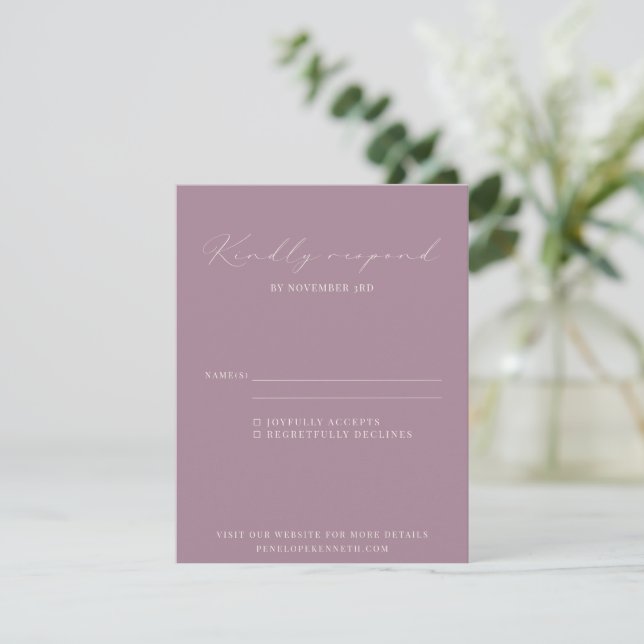 Classic Elegant Dusty Purple Script Wedding  RSVP Card (Standing Front)