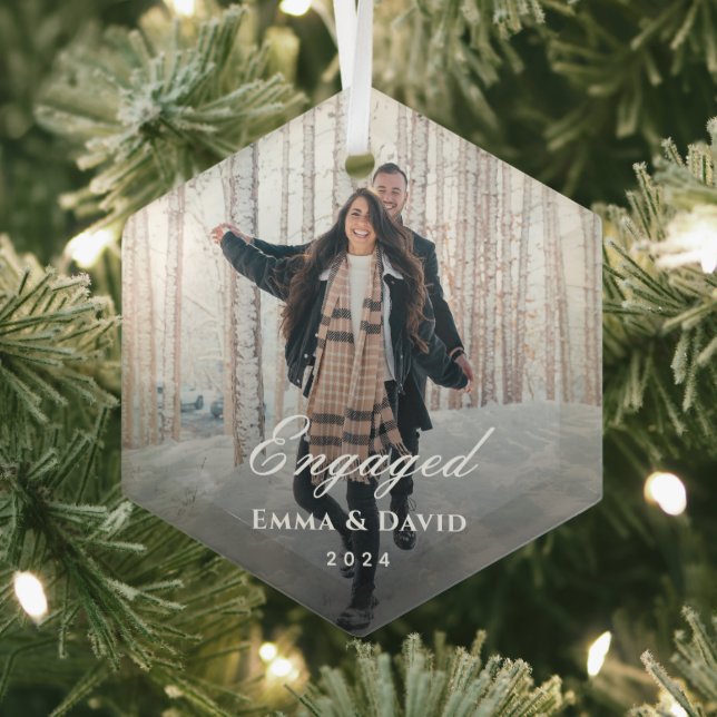 Classic Elegant Engagement Photo Glass Ornament (Insitu)