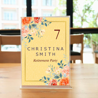 Classic Elegant Floral Watercolor Retirement Party Table Number