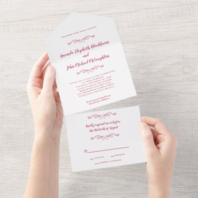 Classic Elegant Formal Wedding Magenta Red Budget All In One Invitation (Tearaway)