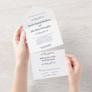 Classic Elegant Formal Wedding Navy Blue Budget All In One Invitation