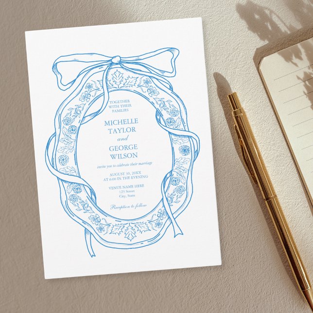 Classic Elegant French Blue Coquette Floral Bow Invitation (Creator Uploaded)