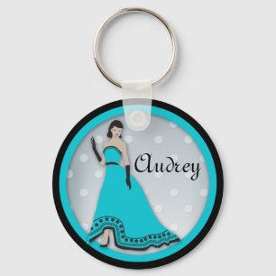 Classic Elegant Girl in Turquoise and Black Keychain