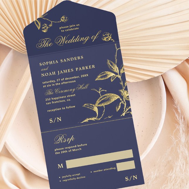 Classic elegant gold foil navy blue wedding RSVP All In One Invitation (Creator Uploaded)