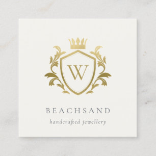 Classic Elegant Gold Monogram Floral Crown Crest Square Business Card
