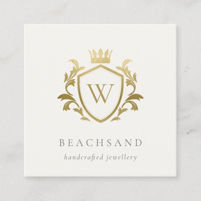 Classic Elegant Gold Monogram Floral Crown Crest  Square Business Card (Front)