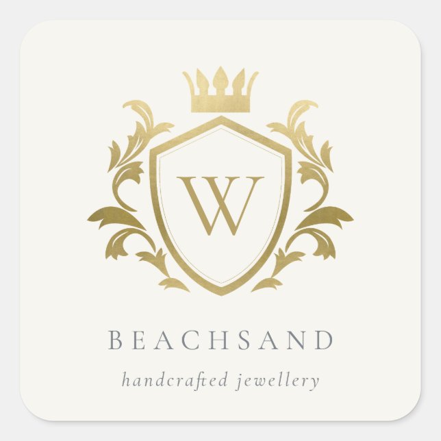 Classic Elegant Gold Monogram Floral Crown Crest Square Sticker (Front)
