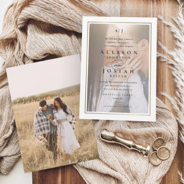 Classic Elegant Gold Photo Wedding Invitation (Elegant photo wedding monogram invitations.)