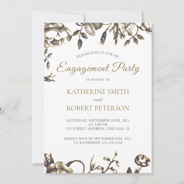Classic Elegant Gold Vintage Flowers Engagement Invitation (Front)
