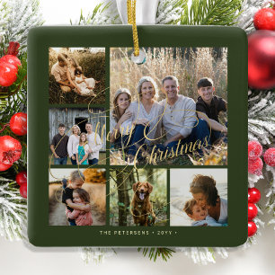 Classic elegant green gold 6 photo collage  ceramic ornament