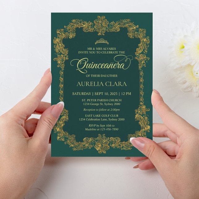 Classic Elegant Green Gold Tiara Quinceanera Invitation (Creator Uploaded)