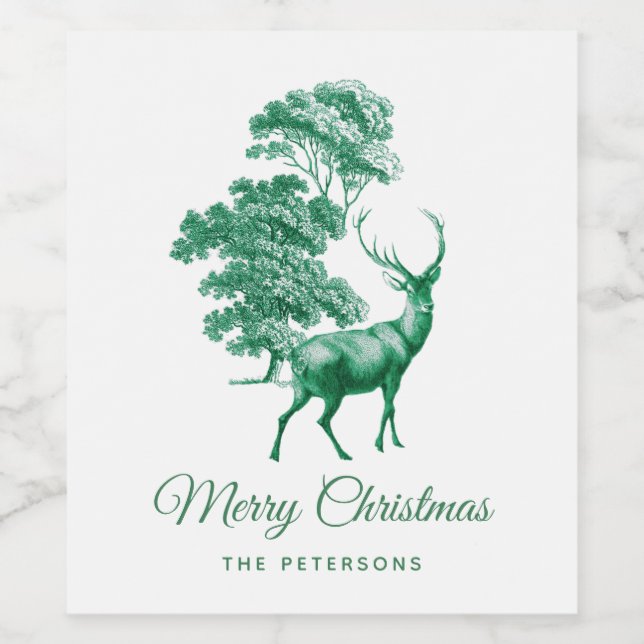 Classic Elegant Green Toile Deer in Forest Wine Label (Single Label)
