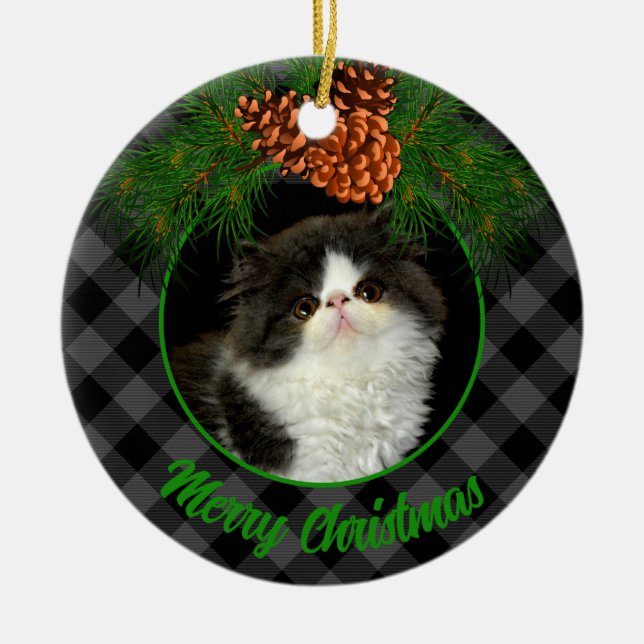 Classic elegant grey black plaid pinecone pet cat  ceramic ornament (Front)
