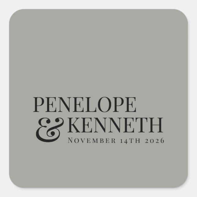 Classic Elegant Grey Custom Wedding Names Square Sticker (Front)
