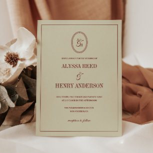 Classic Elegant Ivory & Wine Red Monogram Wedding Invitation