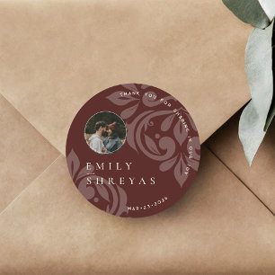 Classic Elegant Mahogany Red Damask Photo Wedding Round Sticker