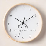 Classic Elegant Modern Minimalist Monogram Name Clock<br><div class="desc">Enhance your home decor with our Classic Elegant Modern Minimalist Monogram Wall Clock. This exquisite timepiece seamlessly combines timeless elegance with contemporary minimalism, elevating your living space to new levels of sophistication. Crafted with precision and meticulous attention to detail, this wall clock is more than just a functional accessory; it's...</div>