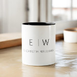 Classic Elegant Modern Minimalist Monogram Name Two-Tone Coffee Mug<br><div class="desc">Elevate your morning routine with our Black and White Modern Minimalist Monogram Name Coffee Mug. This sleek and stylish mug brings a touch of contemporary elegance to your daily coffee ritual. Crafted with quality in mind, it features a minimalist design in classic black and white, making it a versatile addition...</div>
