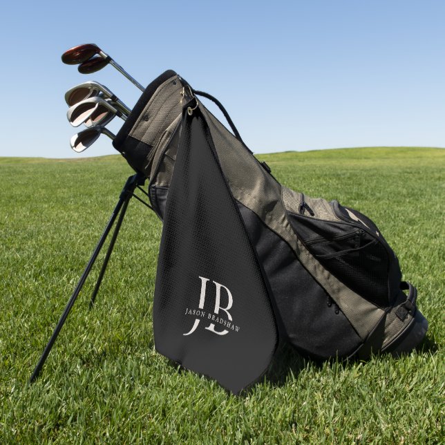 Classic Elegant Monogram and Name Black Golf Towel (Green)