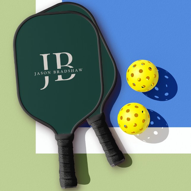 Classic Elegant Monogram and Name Dark Green Pickleball Paddle (Personalize with your name and initials.)