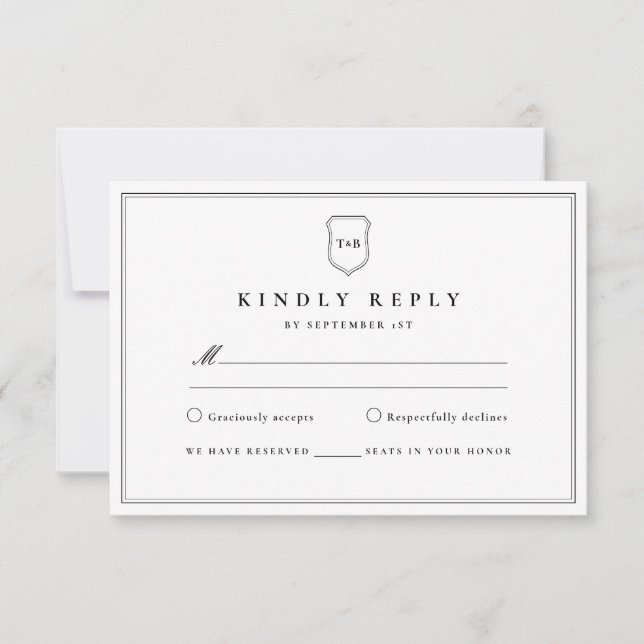 Classic Elegant Monogram Black Crest RSVP Card (Front)