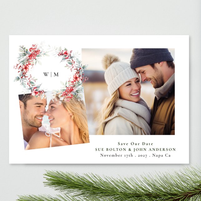 Classic Elegant Monogram Foliage Wreath two photo Holiday Card (Creator Uploaded)