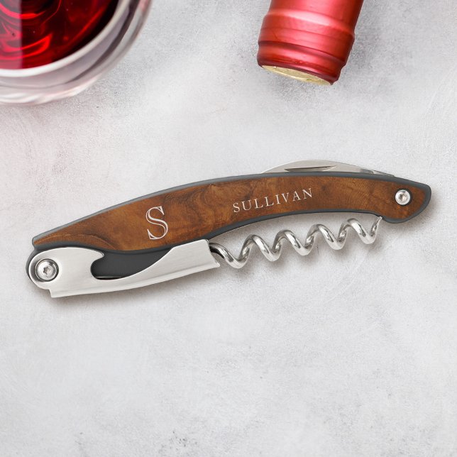 Classic Elegant Monogram Name Wood Grain  Corkscrew (Creator Uploaded)