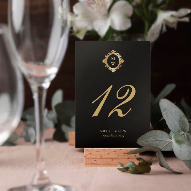 Classic Elegant Monogram Wedding Black Gold Table Number (Creator Uploaded)