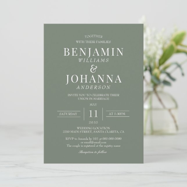 Classic Elegant Moss Green Wedding Invitation (Standing Front)
