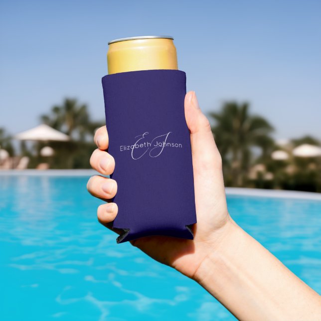 classic elegant name customized blue and white seltzer can cooler (In Situ Pool)