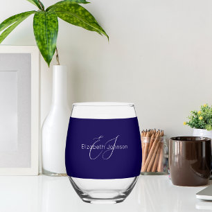 classic elegant name customized blue and white stemless wine glass