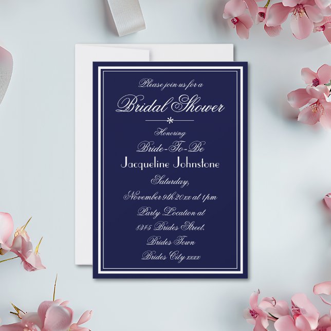 Classic Elegant Navy Blue And White Bridal Shower Invitation (Simple, Elegant, Navy Blue and White Bridal Shower Invitation.)