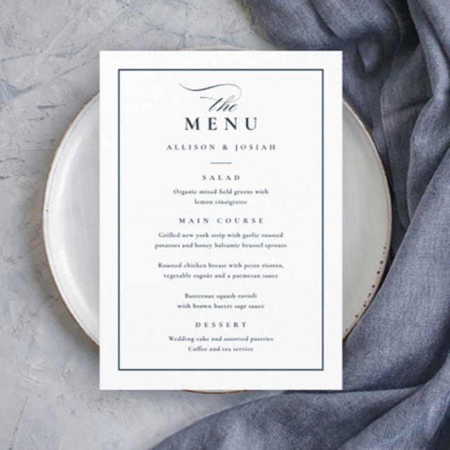 Classic Elegant Navy Blue and White Wedding Menu (Elegant Navy Blue and White Wedding Menu.)