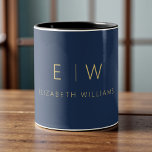 Classic Elegant Navy Blue Gold Minimalist Monogram Two-Tone Coffee Mug<br><div class="desc">Sip in style with this classic elegant navy blue gold minimalist monogram two-tone coffee mug. Featuring a deep navy blue background, sleek gold typography, and a clean modern layout, this personalized mug blends timeless sophistication with everyday functionality. Perfect as a gift for weddings, anniversaries, corporate events, or anyone who loves...</div>