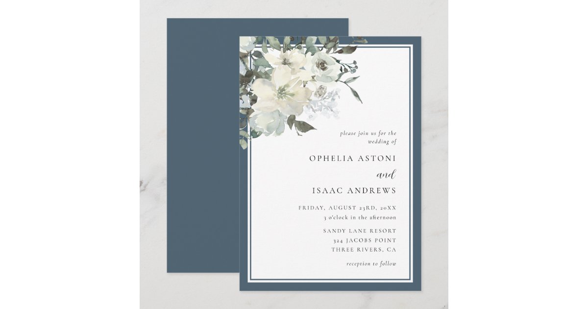 Classic Elegant Navy Blue Ivory Floral Wedding Invitation | Zazzle